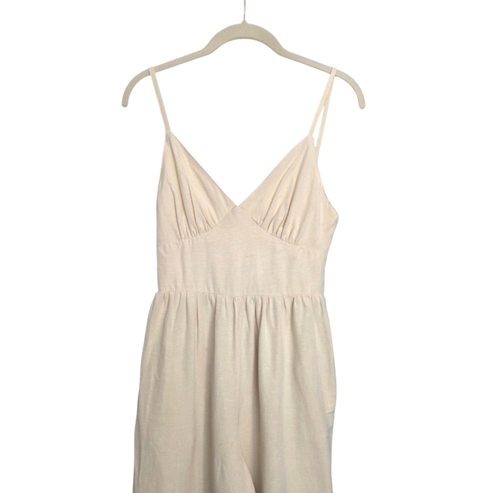S Cream Oatmeal Linen Blend Jumpsuit Vacation Travel Quiet Luxury Minimal Chic - Picture 3 of 15